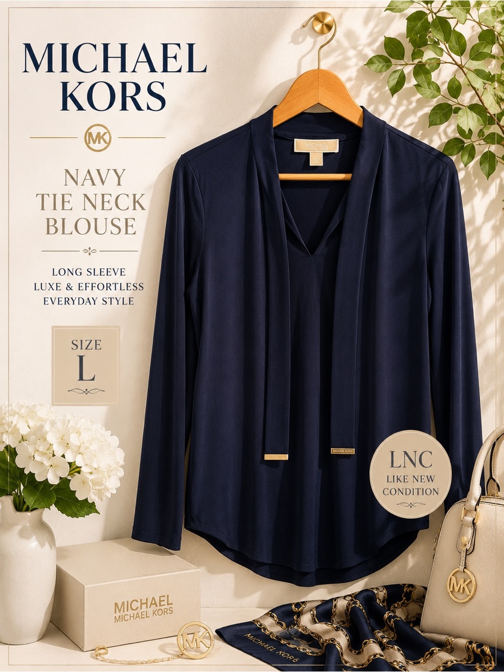 Michael Michael Kors Navy Tie Neck Long Sleeve Blouse Top Size L